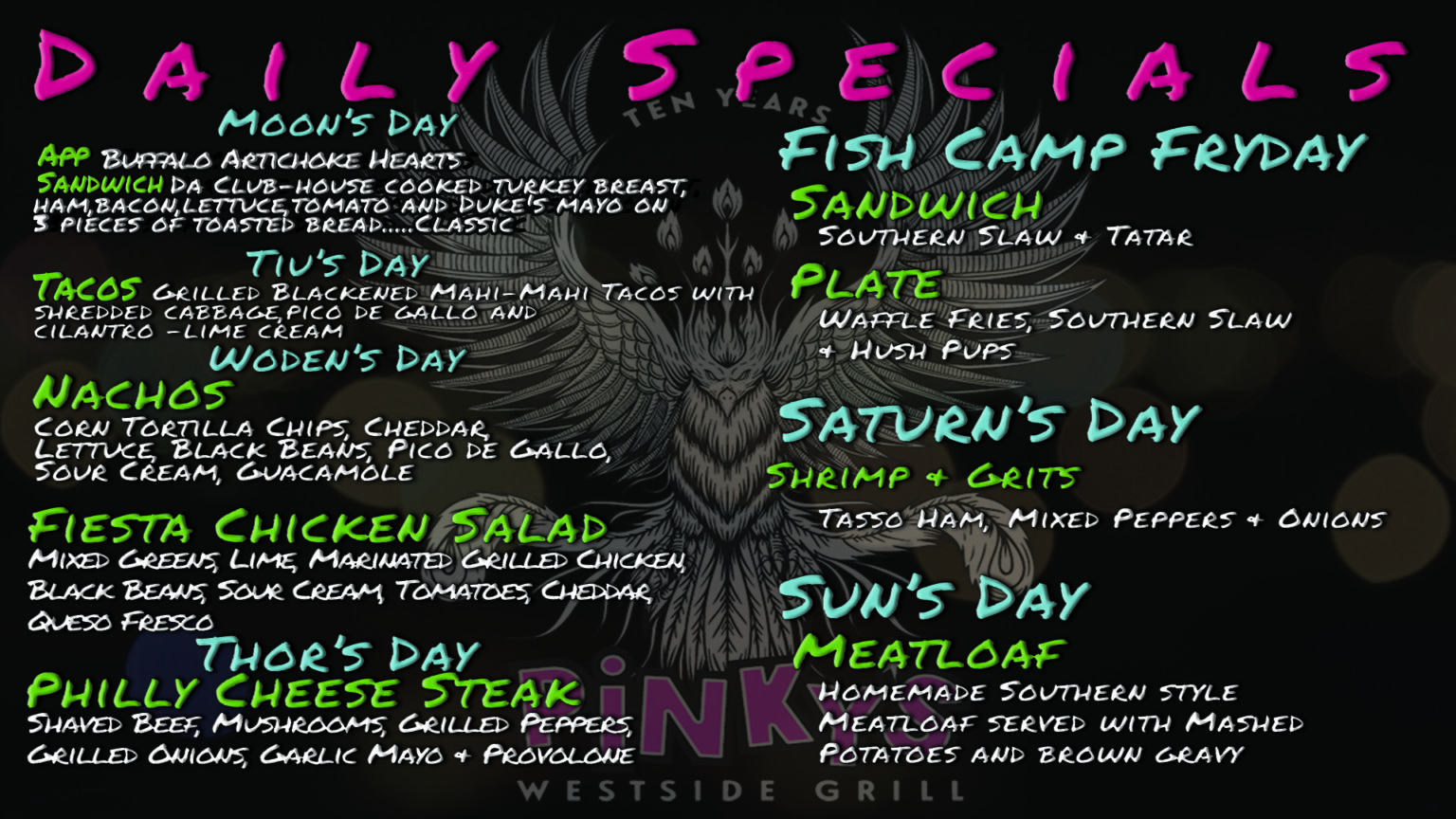 Menu Pinky's Westside Grill™